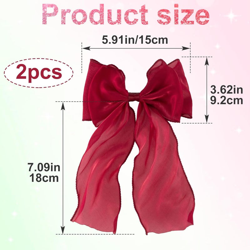 STSTR 2Pcs Large Hair Bow Clips, Silk Yarn Ribbon Bow Hair Barrette for Women, Elegant Long Tail Bowknot French Hair Accessories for Wedding, Parties, Festivals (Red) - Image 2